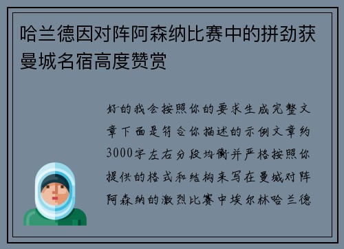 哈兰德因对阵阿森纳比赛中的拼劲获曼城名宿高度赞赏