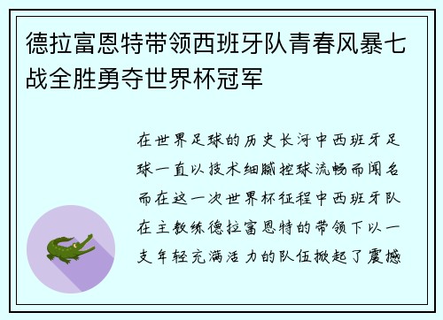 德拉富恩特带领西班牙队青春风暴七战全胜勇夺世界杯冠军