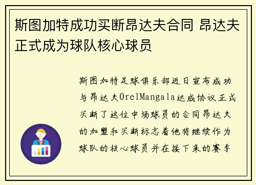 斯图加特成功买断昂达夫合同 昂达夫正式成为球队核心球员