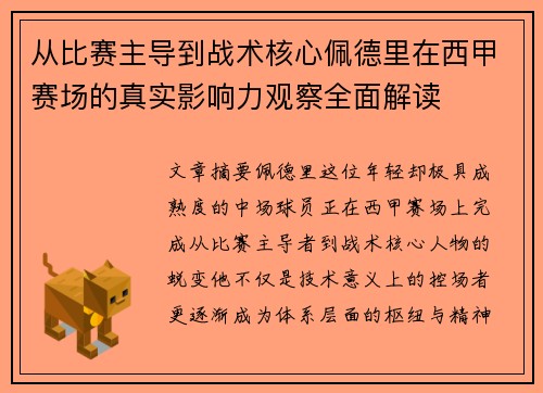从比赛主导到战术核心佩德里在西甲赛场的真实影响力观察全面解读